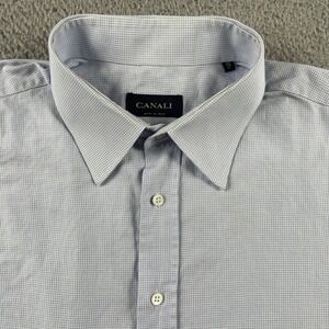 Canali Dress Shirt Mens 17 Blue Micro Check Long Sleeve Cotton Made in Italy